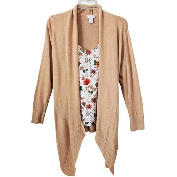 Chico's 2 Women's Tan Knit Cardigan Sweater Size Medium Open Front Office Long - Picture 1 of 15